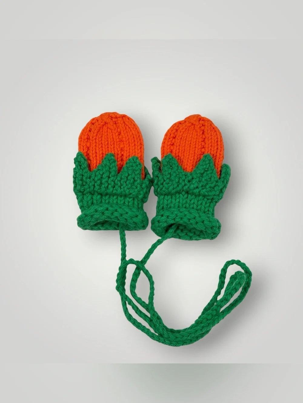 Hand-Knit Orange & Green Kids Mittens with Attached String 0-12 Months